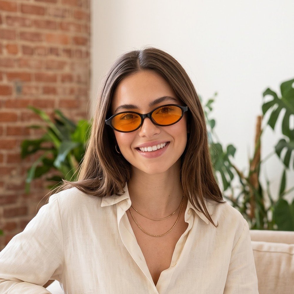 Model wearing Lune Amber sunglasses
